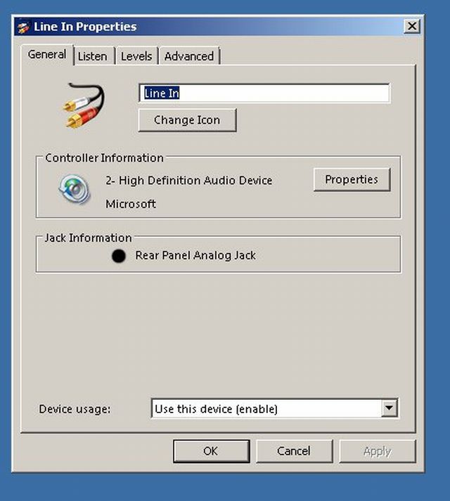 Properties dialogue box for HD Audio Line In